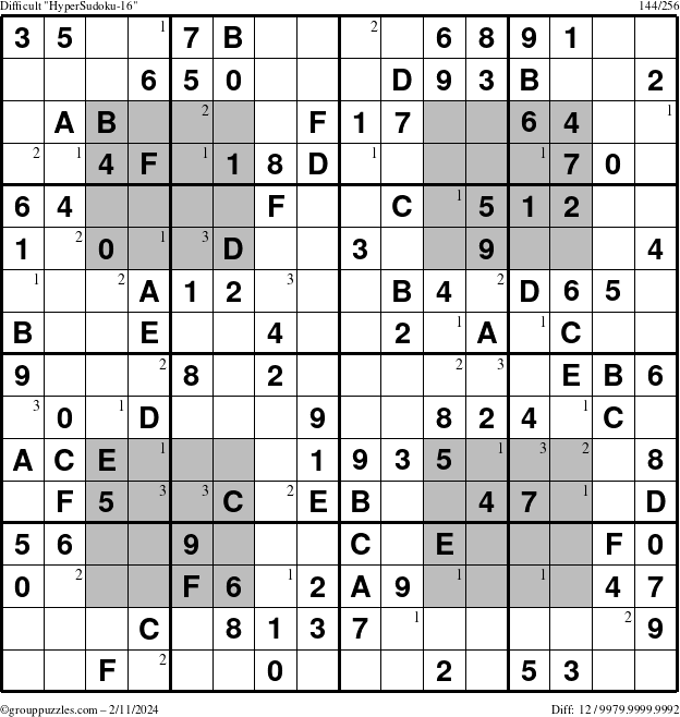 The grouppuzzles.com Difficult HyperSudoku-16 puzzle for Sunday February 11, 2024 with the first 3 steps marked