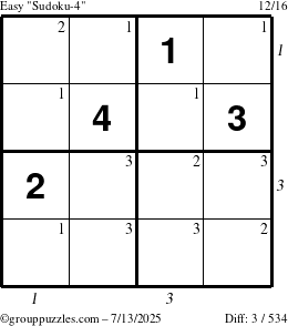 The grouppuzzles.com Easy Sudoku-4 puzzle for Sunday July 13, 2025 with all 3 steps marked