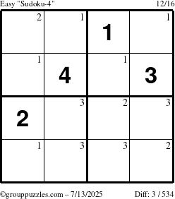 The grouppuzzles.com Easy Sudoku-4 puzzle for Sunday July 13, 2025 with the first 3 steps marked