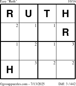 The grouppuzzles.com Easy Ruth puzzle for Sunday July 13, 2025 with the first 3 steps marked