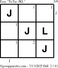 The grouppuzzles.com Easy TicTac-JKL puzzle for Sunday July 13, 2025 with all 2 steps marked