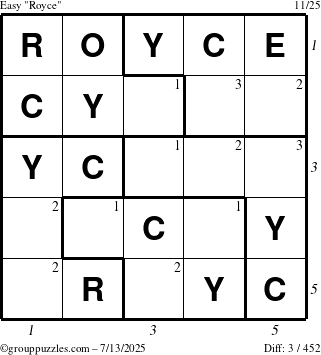 The grouppuzzles.com Easy Royce puzzle for Sunday July 13, 2025 with all 3 steps marked