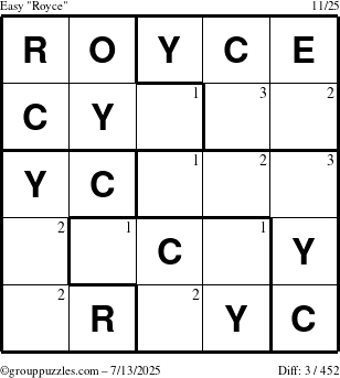 The grouppuzzles.com Easy Royce puzzle for Sunday July 13, 2025 with the first 3 steps marked
