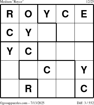 The grouppuzzles.com Medium Royce puzzle for Sunday July 13, 2025