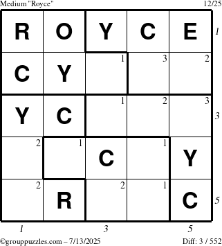 The grouppuzzles.com Medium Royce puzzle for Sunday July 13, 2025 with all 3 steps marked