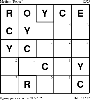 The grouppuzzles.com Medium Royce puzzle for Sunday July 13, 2025 with the first 3 steps marked