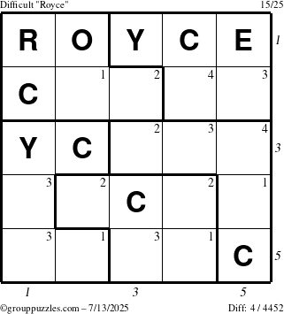 The grouppuzzles.com Difficult Royce puzzle for Sunday July 13, 2025, suitable for printing, with all 4 steps marked