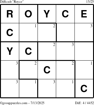 The grouppuzzles.com Difficult Royce puzzle for Sunday July 13, 2025 with the first 3 steps marked