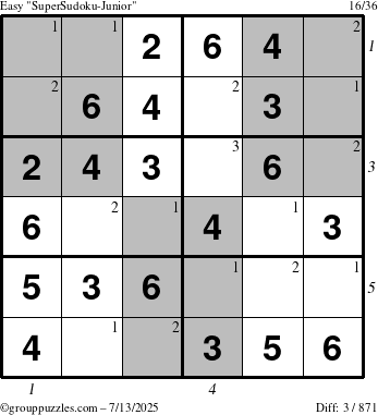 The grouppuzzles.com Easy SuperSudoku-Junior puzzle for Sunday July 13, 2025 with all 3 steps marked