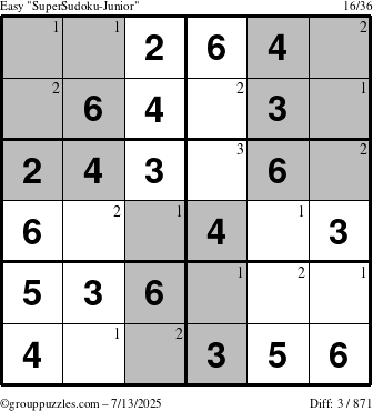 The grouppuzzles.com Easy SuperSudoku-Junior puzzle for Sunday July 13, 2025 with the first 3 steps marked