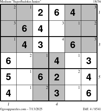The grouppuzzles.com Medium SuperSudoku-Junior puzzle for Sunday July 13, 2025 with all 4 steps marked