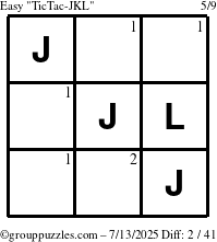 The grouppuzzles.com Easy TicTac-JKL puzzle for Sunday July 13, 2025 with the first 2 steps marked