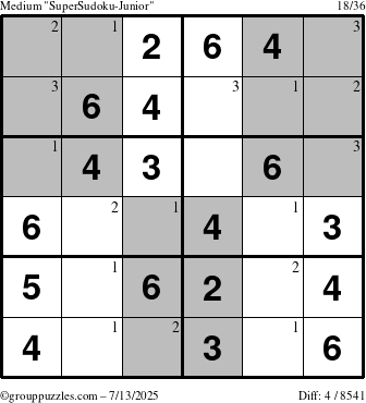 The grouppuzzles.com Medium SuperSudoku-Junior puzzle for Sunday July 13, 2025 with the first 3 steps marked