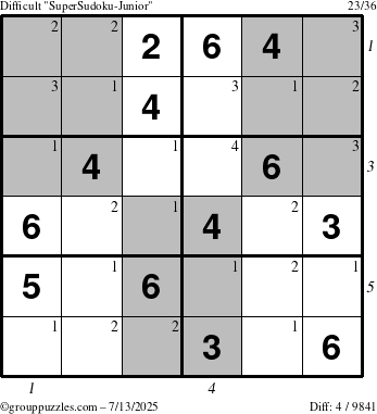 The grouppuzzles.com Difficult SuperSudoku-Junior puzzle for Sunday July 13, 2025 with all 4 steps marked