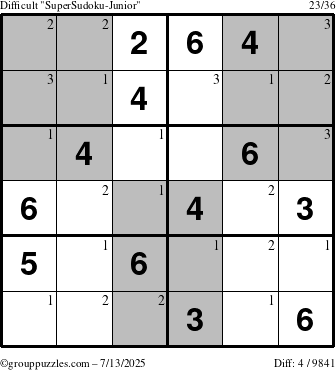 The grouppuzzles.com Difficult SuperSudoku-Junior puzzle for Sunday July 13, 2025 with the first 3 steps marked