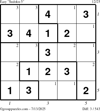 The grouppuzzles.com Easy Sudoku-5 puzzle for Sunday July 13, 2025 with all 3 steps marked