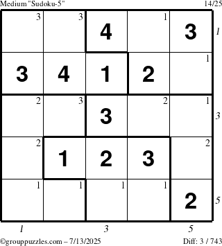 The grouppuzzles.com Medium Sudoku-5 puzzle for Sunday July 13, 2025 with all 3 steps marked