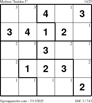The grouppuzzles.com Medium Sudoku-5 puzzle for Sunday July 13, 2025 with the first 3 steps marked
