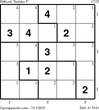 The grouppuzzles.com Difficult Sudoku-5 puzzle for Sunday July 13, 2025 with all 4 steps marked