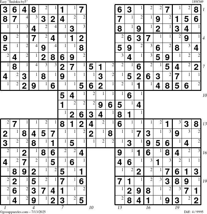 The grouppuzzles.com Easy Sudoku-by5 puzzle for Sunday July 13, 2025 with all 4 steps marked