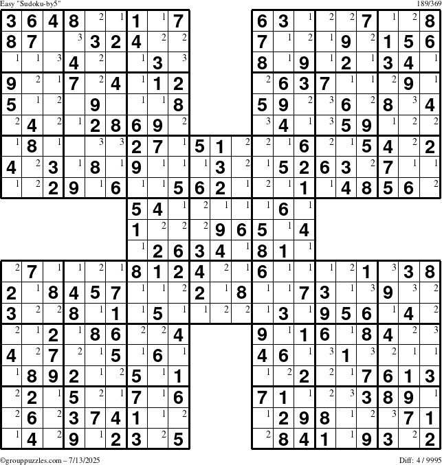 The grouppuzzles.com Easy Sudoku-by5 puzzle for Sunday July 13, 2025 with the first 3 steps marked