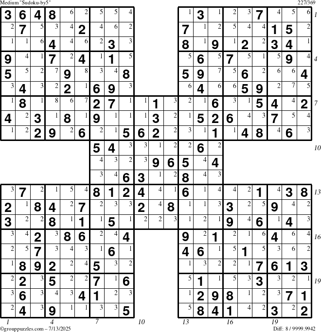 The grouppuzzles.com Medium Sudoku-by5 puzzle for Sunday July 13, 2025 with all 8 steps marked