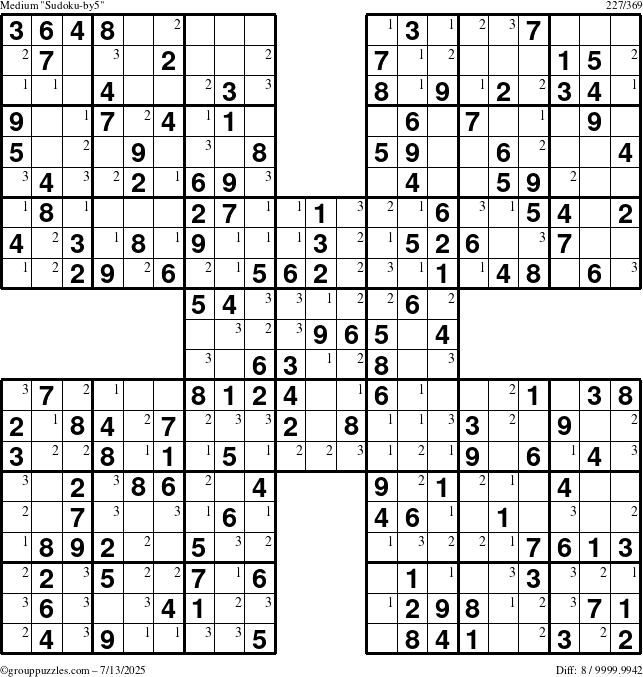 The grouppuzzles.com Medium Sudoku-by5 puzzle for Sunday July 13, 2025 with the first 3 steps marked