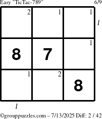 The grouppuzzles.com Easy TicTac-789 puzzle for Sunday July 13, 2025 with all 2 steps marked