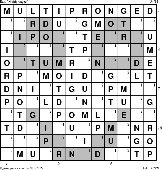 The grouppuzzles.com Easy Multipronged puzzle for Sunday July 13, 2025 with all 3 steps marked