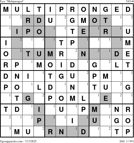 The grouppuzzles.com Easy Multipronged puzzle for Sunday July 13, 2025 with the first 3 steps marked