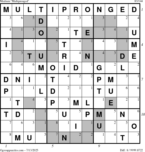 The grouppuzzles.com Medium Multipronged puzzle for Sunday July 13, 2025 with all 8 steps marked