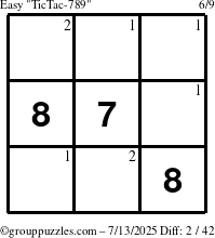 The grouppuzzles.com Easy TicTac-789 puzzle for Sunday July 13, 2025 with the first 2 steps marked