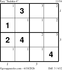 The grouppuzzles.com Easy Sudoku-4 puzzle for Thursday June 18, 2026, suitable for printing, with all 3 steps marked