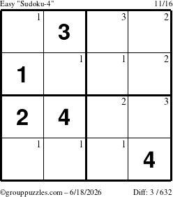 The grouppuzzles.com Easy Sudoku-4 puzzle for Thursday June 18, 2026 with the first 3 steps marked