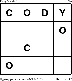 The grouppuzzles.com Easy Cody puzzle for Thursday June 18, 2026