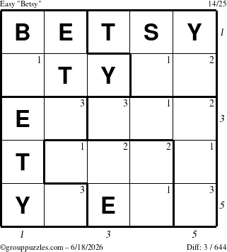 The grouppuzzles.com Easy Betsy puzzle for Thursday June 18, 2026, suitable for printing, with all 3 steps marked