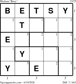 The grouppuzzles.com Medium Betsy puzzle for Thursday June 18, 2026, suitable for printing, with all 3 steps marked