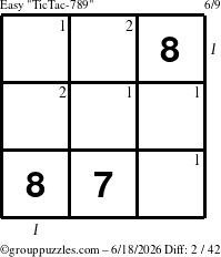 The grouppuzzles.com Easy TicTac-789 puzzle for Thursday June 18, 2026, suitable for printing, with all 2 steps marked