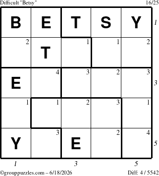 The grouppuzzles.com Difficult Betsy puzzle for Thursday June 18, 2026, suitable for printing, with all 4 steps marked