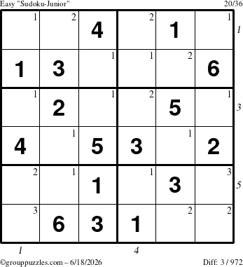The grouppuzzles.com Easy Sudoku-Junior puzzle for Thursday June 18, 2026, suitable for printing, with all 3 steps marked
