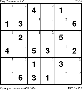The grouppuzzles.com Easy Sudoku-Junior puzzle for Thursday June 18, 2026 with the first 3 steps marked