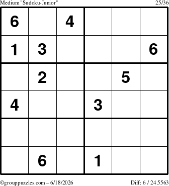 The grouppuzzles.com Medium Sudoku-Junior puzzle for Thursday June 18, 2026