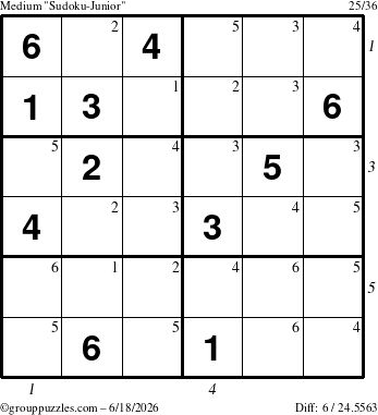 The grouppuzzles.com Medium Sudoku-Junior puzzle for Thursday June 18, 2026 with all 6 steps marked