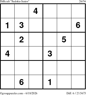 The grouppuzzles.com Difficult Sudoku-Junior puzzle for Thursday June 18, 2026