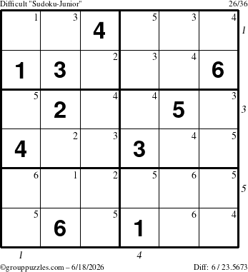 The grouppuzzles.com Difficult Sudoku-Junior puzzle for Thursday June 18, 2026 with all 6 steps marked