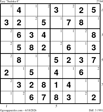 The grouppuzzles.com Easy Sudoku-8 puzzle for Thursday June 18, 2026, suitable for printing, with all 3 steps marked