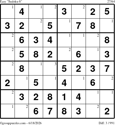 The grouppuzzles.com Easy Sudoku-8 puzzle for Thursday June 18, 2026 with the first 3 steps marked