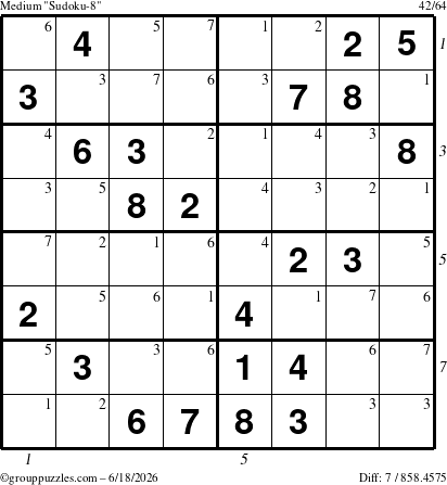 The grouppuzzles.com Medium Sudoku-8 puzzle for Thursday June 18, 2026 with all 7 steps marked