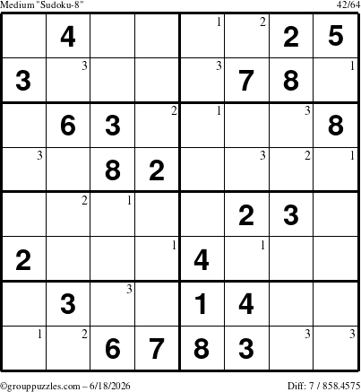 The grouppuzzles.com Medium Sudoku-8 puzzle for Thursday June 18, 2026 with the first 3 steps marked