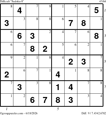 The grouppuzzles.com Difficult Sudoku-8 puzzle for Thursday June 18, 2026 with all 9 steps marked